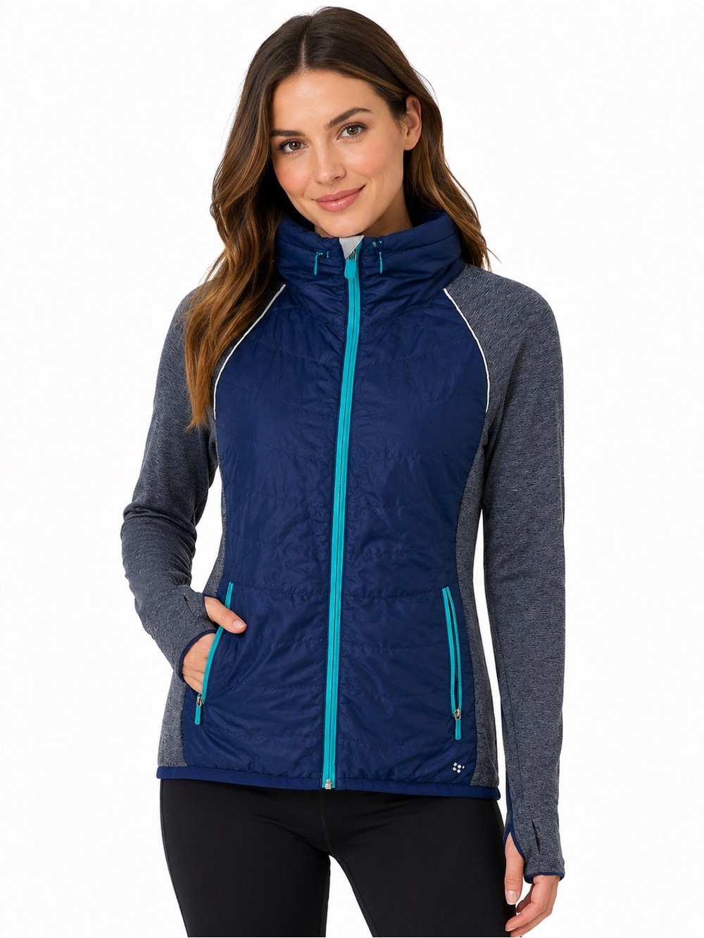 Title Nine Hybrid Insulated Hooded Jacket Women’s M Blue Full Zip Packable Hood
